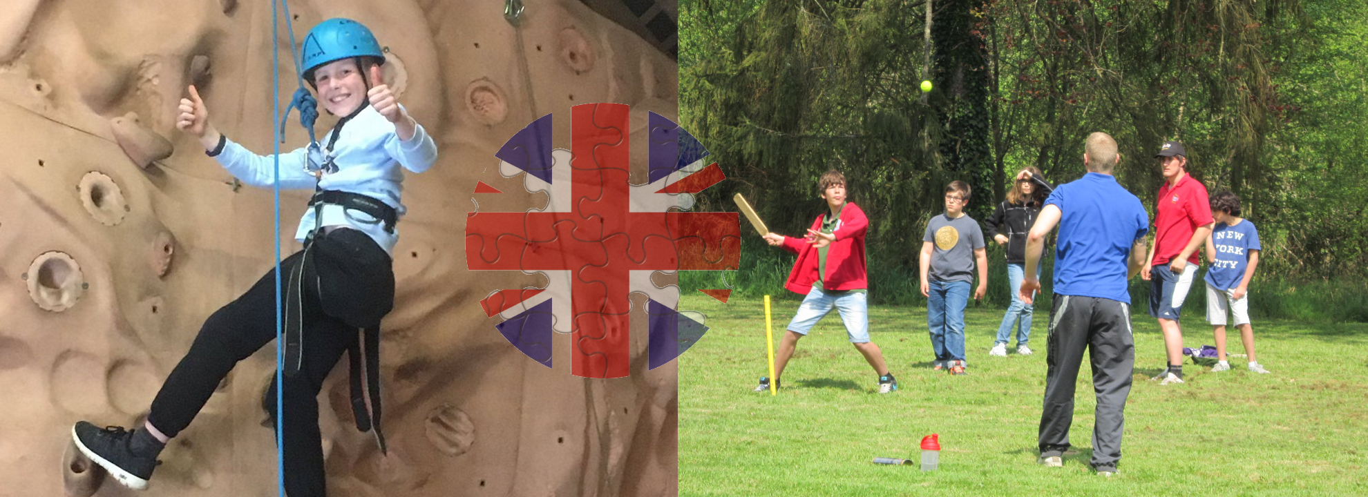 groups d'enfants jouant au cricket a chateau beaumont et garçon souriant en faisant le geste thumbs up pendant l'activite d'escalade en colonie de vacances